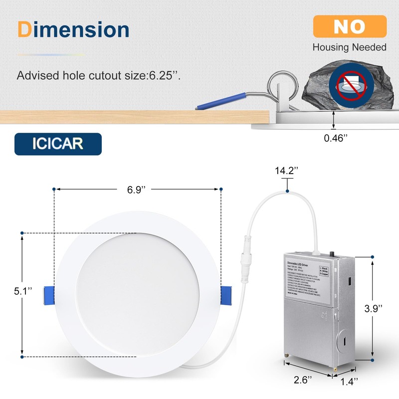 icicar 12 Pack 6 Inch LED Recessed Ceiling Lights, Dimmable
