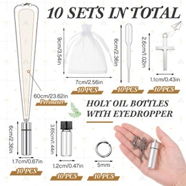 Tandefio 10 Sets Holy Water Bottle Necklace Bulk Anointing Oil Bottles Metal Water Container Keychain with Eyedropper Cross Pendant for Catholic Christian First Communion Church Baptism Party Favors