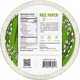 Soeos Rice Paper, White Rice Paper Wrappers, 1 Pack, 34 Sheets-Fresh Spring Roll Wrappers & Dumplings, Non-GMO, Gluten-Free, Low Carb, Vietnamese Rice Wraps (Round, 22cm)