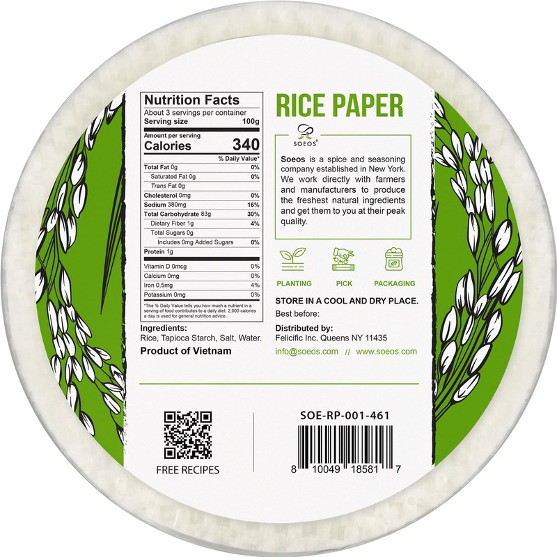 Soeos Rice Paper, White Rice Paper Wrappers, 1 Pack, 34
