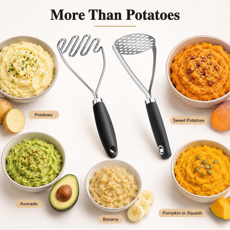 2 Pack Potato Mashers, Stainless Steel Food Masher Food Grade