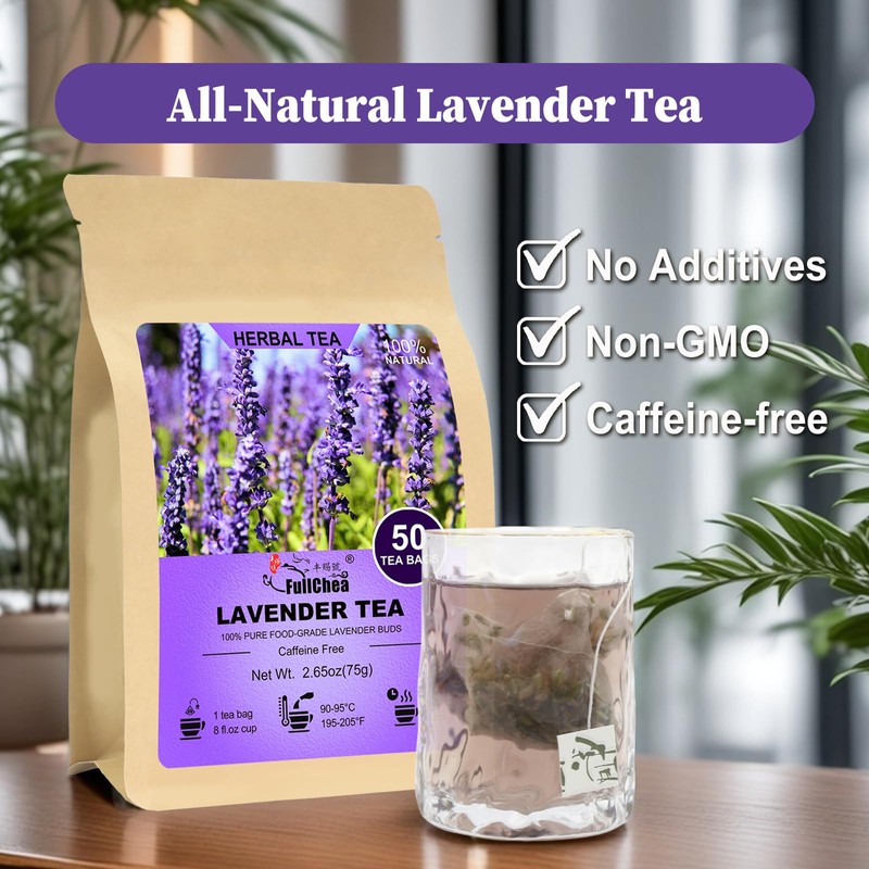 FullChea - Lavender Tea Bags, 50 Teabags - Pure Lavender
