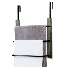 MyGift Modern Over The Door Towel Rack in Vintage Gray Solid Wood and 3 Tier Matte Black Metal Bars, Space Saving Bathroom Storage Drying Towels Hanger