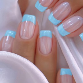 MISUD Short Press on Nails Square Fake Nails Glossy Glue on Nails Summer Blue French Tip Acrylic Nail Supplies Squoval Artificial Nail Art Bling Chrome Stick on False Nails with Design DIY 24 pcs