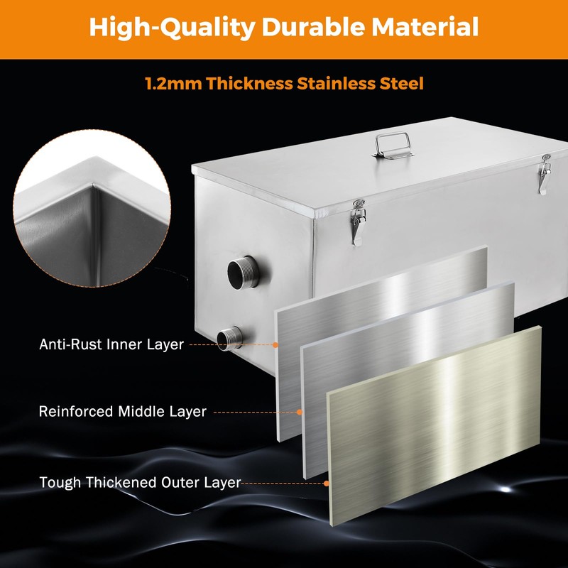 BEAMNOVA Commercial Grease Trap 25lbs Stainless Steel Interceptor, Side Inlet