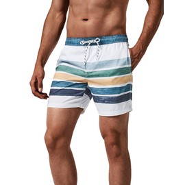 MaaMgic Swimming Trunks for Men Boys Swimming Shorts for Men Quick-Drying Surfing Beach Shorts Surf Shorts with Mesh Lining Reusable, White Blue Striped