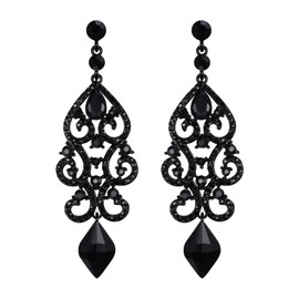 EVER FAITH Rhinestone Crystal Wedding Art Deco Floral Chandelier Dangle Earrings for Women Black Black-Tone