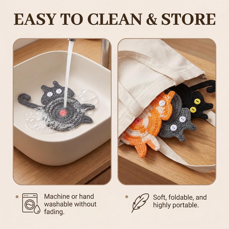Yinsun Cat Coasters for Drinks 3 PCS Set, Cute Knitted
