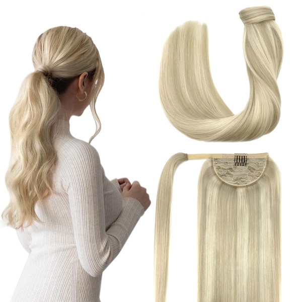 DOORES Ponytail Hairpiece, Ash Blonde Highlights Platinum Blonde, 35 cm, 75 g, Ponytail Extension, Straight Hair Extensions, Real Hair, Wrap Around Natural Ponytail Hairpiece for Women