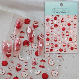 CESTSIREN Red Apple Nail Art Stickers, 5D Embossed Coquette Nail Decals,for Nail Art Design, Self-Adhesive,Cute Nail Accessories for Women, Nail Art Supplies
