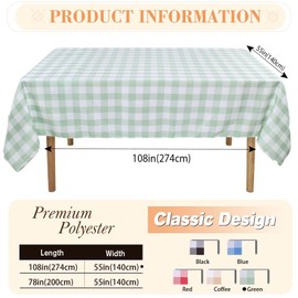 Gingham Tablecloth 140x274cm Polyester Antiwrinkle and Wipe Clean, Checkered Tablecloths for Home and Party Festive Decorations, Fabric Plaid Tablecloth Rectangular(Light Green)