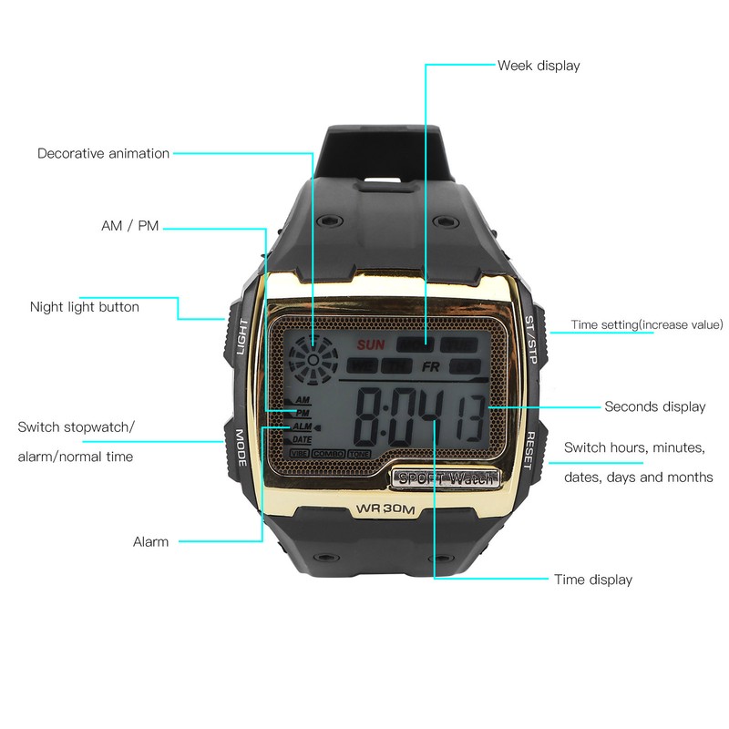 Digital Sports Watch Large Dial Night Light Waterproof Dual Time