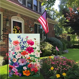 Spring Geranium Garden Flag Summer Bee Colorful Floral Flower Garden Flag for Outside, Double Sided Burlap Farmhouse Lawn Yard Flag Outdoor Decorations 12x18 Inch（Only Garden Flag）
