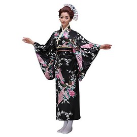 CRB Womens Girls Kimono Japanese Asian Top Dress Robe Sash Belt Fan Set Outfit (Height 110cm, Black)
