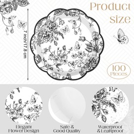 Kochorie 100 Pieces Black Flower Paper Plates 7 Inches Disposable Floral Paper Plates Scalloped Black Chinoiserie Vintage Flower Dessert Plate for Wedding Birthday Holiday Party Decor Supplies