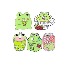 5Pcs Cartoon Strawberry Frog Enamel Pin Froggy Enamel Pins Cute Juice Can Milk Tea Brooch Metal Badge Cute Frog Brooches Lapel Badges Animal Brooch Decorative Medal Jewelry Accessories Gift