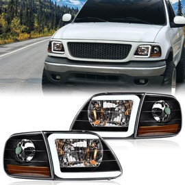 PIT66 LED DRL Strip Headlights Compatible with Ford Expedition 1997-2002 /Fit Ford F150 1997-2004/Fit F250 1997-1999,Clear Lens Black Housing Amber Reflector