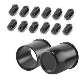 HowioZil 2Pcs 3.19in Wheel Center Caps Push Through with 12 Lug Nuts Sets - Stainless Steel Trailer Open/Curve Top Hub Cap and 1/2''-20 Lug Nuts for Truck SUV RV Wheel Rim, Black(3.60’’ H&3.52’’H)