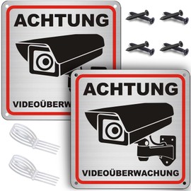 ROUMIO® Pack of 2 Video Surveillance Sign, 15 x 15 cm, Aluminium Video Surveillance Sign, Private Property. Comes with 8 Screws and 8 Cable Ties. Home, Shop, Driveway Alarm, Surveillance Signs