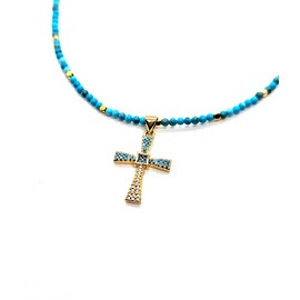 Boho Handmade Boho Blue Turquoise Cross Necklace Choose Gold Plate Adjustable Chain
