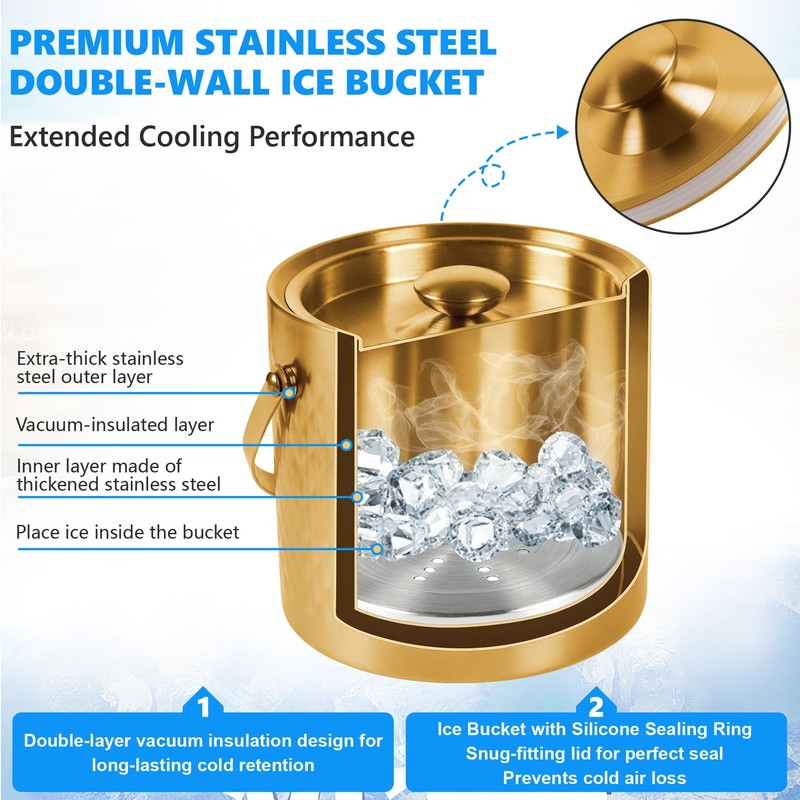 Ice Bucket, Ice Bucket with Silicone Sealing Ring Double-Wall Vacuum