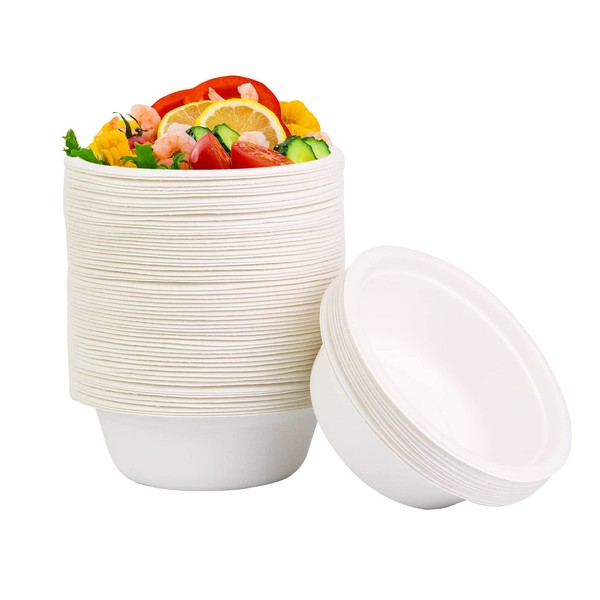 AHPYEUHK Disposable Dishes 60 Pieces Disposable Bowls 350 ml Eco Friendly Salad Bowl Soup Dessert Biodegradable & Compostable White in Sugarcane Bagasse Disposable Bowls