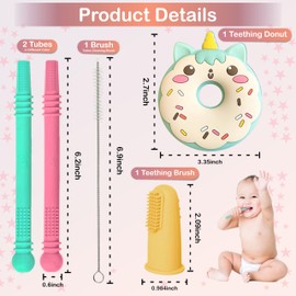 M. Emami Baby Teether Toy - 4 pack with 2 Hollow Teething tubes, 1 donut teether, 1 Cleaning Brush & Toothbrush - 100% Food Grade, BPA Free, and Dishwasher Safe - for 6-18 Month Babies