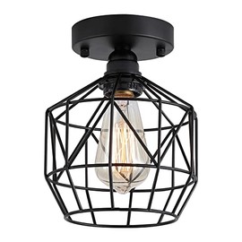 Q&S Black Semi Flush Mount Ceiling Light Industrial Vintage Retro Cage RV Small Ceiling Light Fixture for Hallway Closet Kitchen Stairway Bedroom