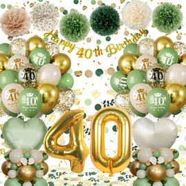 40th Birthday Decoration Men Women, Birthday Decoration 40th Woman Man, 40th Birthday Women Green Gold Balloons, Decoration 40th Birthday with Happy Birthday Banner Pompoms for 40th Birthday