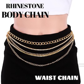 Abien Rhinestone Waist Chain Gold Crystal Chain Belt Layered Metal Belly Chain Boho Body Chain Party Bikini Jewelry for Women