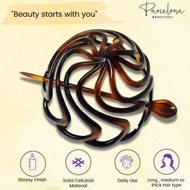 Parcelona French Swirls Celluloid Chignon Hair Slide Pin Thru 3.5" Bun Cover Ponytail Round Hair Clips for Women Styling Girls Hair Accessories No Slip Durable, Made in France(Tortoise Shell)