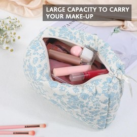 Quilted Floral Makeup Bag,Skincare Aesthetic Cosmetic Bag,Handbag Mini Makeup Bag,Aesthetic Toiletry Travel Organizer Bag,Cotton Blue Flowery Make up for Women Ladies Girls