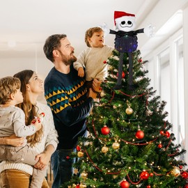 Christmas Tree Topper with Colorful String Light, Stretchable Body Jack Huggers with Santa Hat, Poseable Handmade Tree Topper for Halloween Christmas Party Decor (Jack Tree Topper)