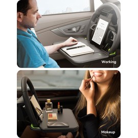 SAIJI Car Steering Wheel Desk with Retractable Slot, Car Food Tray with Anti-Scratch Silicone Steering Wheel Slot, Car Table Tray for Eating with Cup Holder, Multifunctional Travel Car Accessories