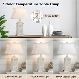 Hamucd Coastal Table Lamps Set of 2, Beach Living Lamps for Bedroom with USB A+C, Washed White Modern Resin LED 3-Color Temperature Bedside Nautical Decor, Nightstand Tropical Lamps for End Table.