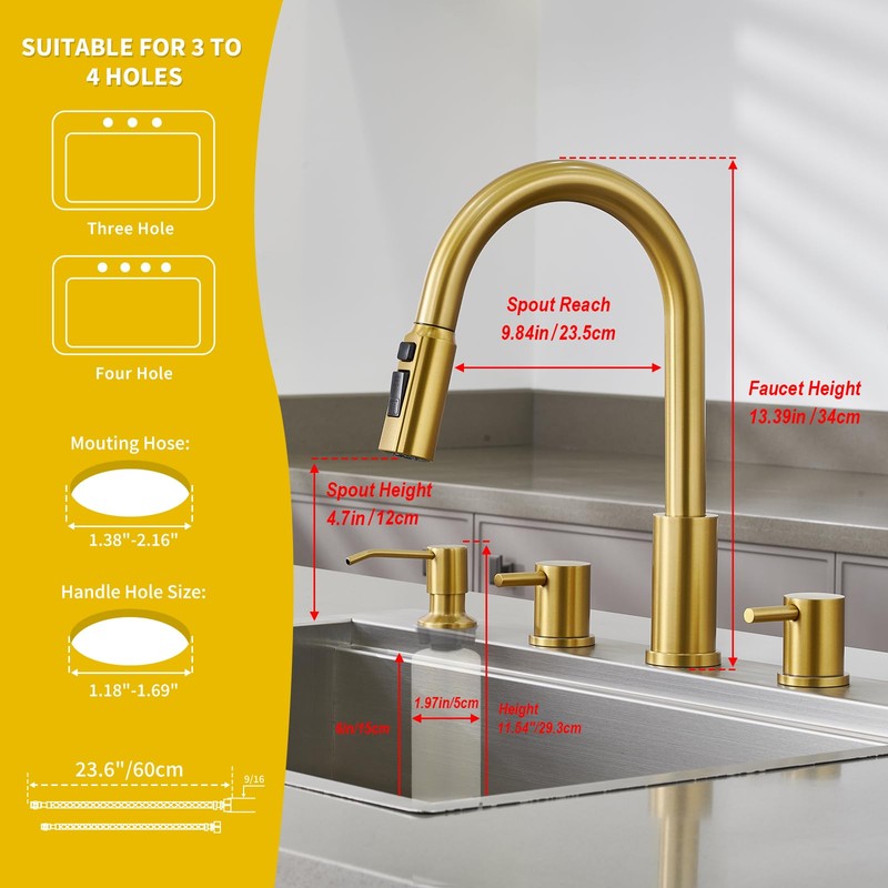 Tohlar 4 Hole Kitchen Faucet, Brushed Gold Kitchen Faucet with