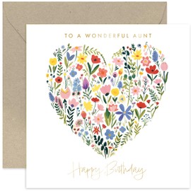 Old English Co. Wonderful Aunt Birthday Card for Her - Floral Heart Painting Gold Foil Card - Cute Birthday Card for Female - Women Birthday Card Gifts - Flower Card | Blank Inside Envelope