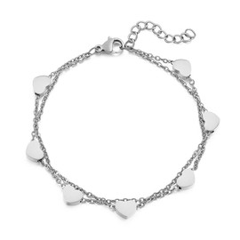 AFSTALR Silver/Gold/Rose Gold Hearts Double Bracelet Women's Layered Bracelet for Women Heart Bracelets with Heart Pendants Adjustable Bracelet Stainless Steel Bracelet for Women, Stainless Steel