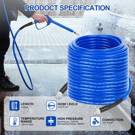 100FT Sewer Jetter Kit for Pressure Washer, 5800 PSI Drain Jetter Kit, Water Jet Drain Cleaner 1/4 Inch NPT Corner, Jetter Hose with Rotating Button Sewer Jetting Nozzle, Tape Pearl Corsage Pin Strap