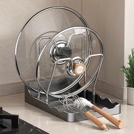 Dhlxyzt Pot lid Holder And Spoon Rest, 2 Layers Lid And Spoon Rest Pot Lid Organizer With Drip Tray, Multifunctional Utensils Pan Pot Cover Lid Rack Shelf for Pot Lids, Spatulas, Spoons (Black)