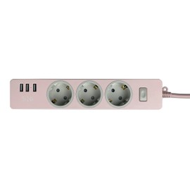 EVOELEC Power Strip 3-Way with 3 USB and Switch Multiple Socket 1.5 m (4000 W/16 A) Triple Socket with Overcurrent Protection USB (Pink)