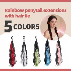 Joytey Hair Extensions 5 Colors Ponytail Extensions Wave Braided 22 IN Synthetic Hairpieces Thick Party Highlights Hair Rainbow Hair Accessories for Girls Women