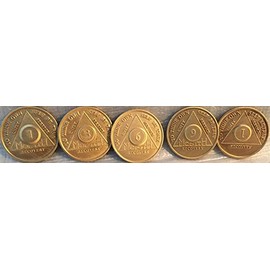wendells 1st Year Set of 5 AA Medallions - Month 1 3 6 9 and 1 Year All Bronze Alcoholics Anonymous Sobriety Chips