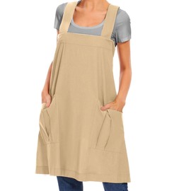 Women's Cotton Cross Back Apron Casual Pinafore Dress with Big Pockets Loose Square Apron for Baking Cooking Gardening