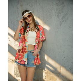 kasahara Hippie Costume Women's Set Hawaiian Tops Shirt Vintage Outfit Shirt 80s 90s Clothing Casual Retro Blouse Tops Shirts Carnival Costume (Orange, M)