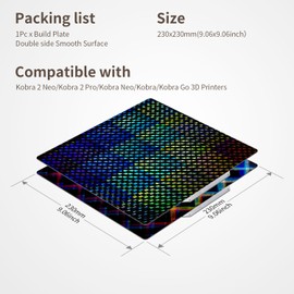 Upgraded 3D Printer Platform Build Plate 230x230mm PEP+PES Double Sided Smooth Spring Steel Sheet Removable Heated Bed No Magnetic Base for Kobra 2 Neo/Kobra 2 Pro/Kobra Neo/Kobra/Kobra Go 3D Printers