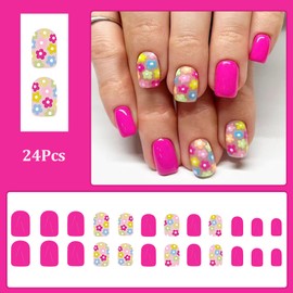 24 Pcs Pink Square Press on Nails Short Flower Fake Nails Spring Floral False Nails Colorful Flower Design Acrylic Nails Press ons Cute Artificial Nails Full Cover Stick on Nails for Women