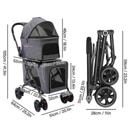 Cat Strollers with 2 Detachable Carrier Bags, Double Cat Strollers Small Doggy Pet Stroller Folding Dog Stroller for Small Medium Dogs Cats Puppy (Grey)