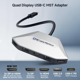 Cable Matters 4K Quad Display USB C MST Adapter with Dual-Function HDMI 2.1/DisplayPort 2.1 Ports, Windows Only, Up to [4X 4K@60Hz, 140W Charging], USB C Hub for 4 Monitors, Thunderbolt 4/5 Compatible