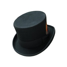 Maz Accessories Black 100% Wool Felt Hand Made TOP HAT with Satin Lining Bow Band and Feather (Medium (57cm))